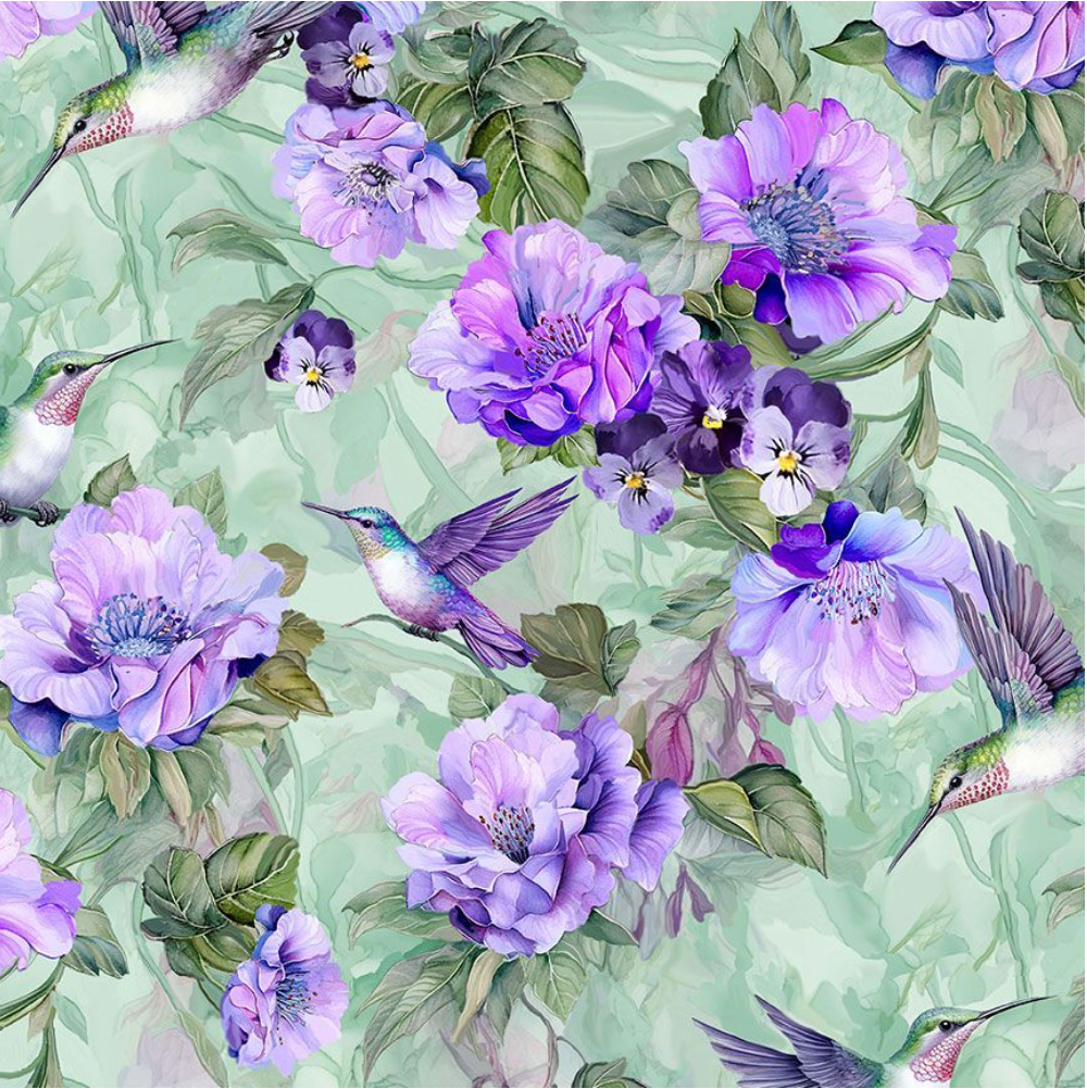 Garden Delight Hummingbirds Floral Quilting Cotton Fabric – FLEUR-CD3500 SAGE by Timeless Treasures – hummingbirds on sage floral background