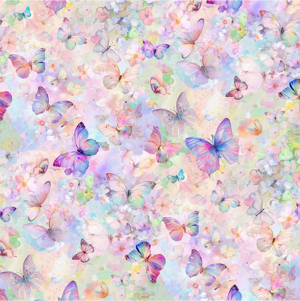 Flutter Butterflies on Floral Quilting Cotton Fabric – BUG-CD3778 by Timeless Treasures – Multi-colored butterflies & flowers