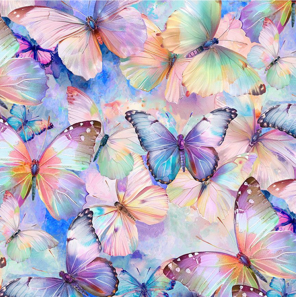 Flutter Packed Butterflies Quilting Cotton Fabric – BUG-CD3777 by Timeless Treasures – Multi-colored butterfly clusters