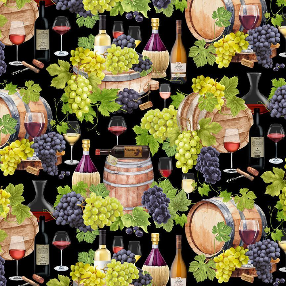 Wine Bar Vintage Wine Cellar Quilting Cotton Fabric – WINE-CD3826 by Timeless Treasures – black wine-themed prints
