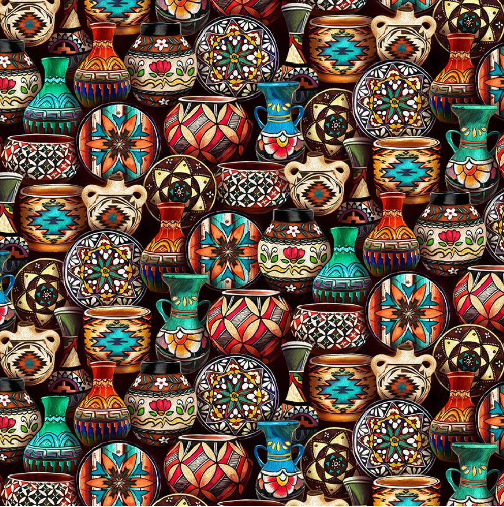 Painted Cactus Southwest Pottery Quilting Cotton Fabric – WEST-CD3856 by Timeless Treasures – cactus & pottery motif