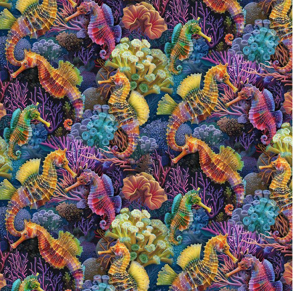 Oceana Reef Seahorses Quilting Cotton Fabric – SEA-CD3813 by Timeless Treasures – colorful seahorses & reef design