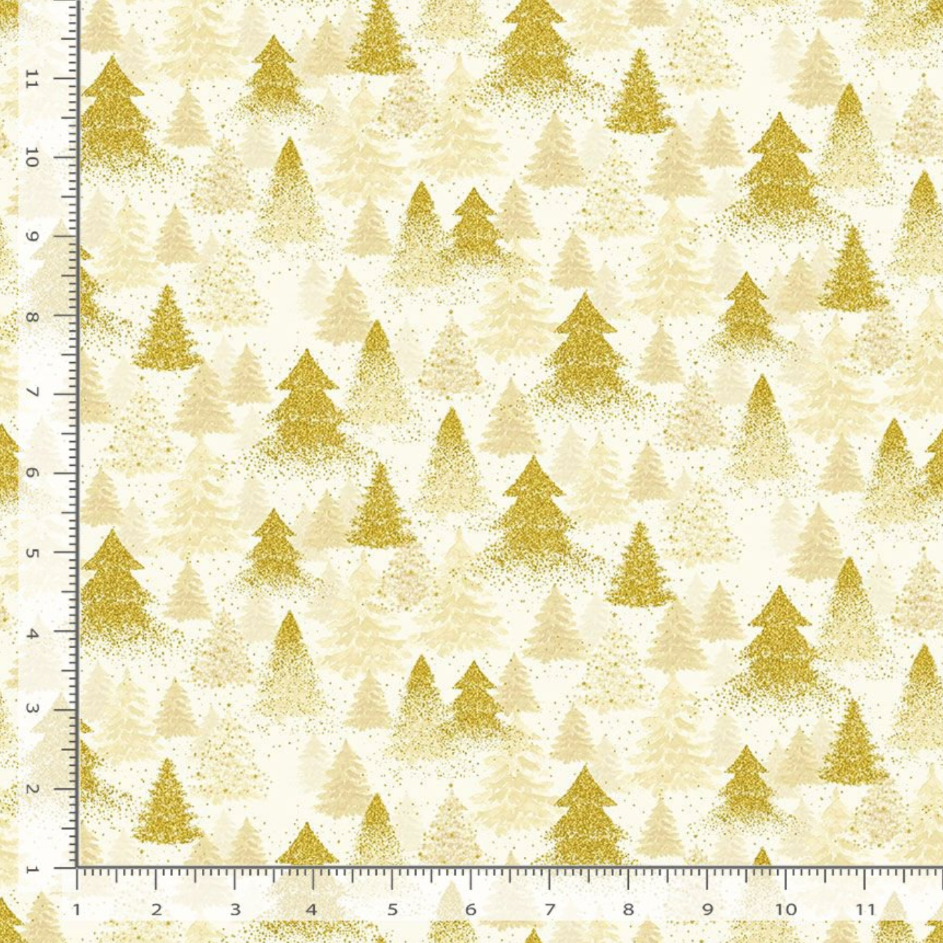 Merry Christmas Golden Christmas Tree on Cream fabric by Timeless Treasures – holiday cotton with gold metallic accents.