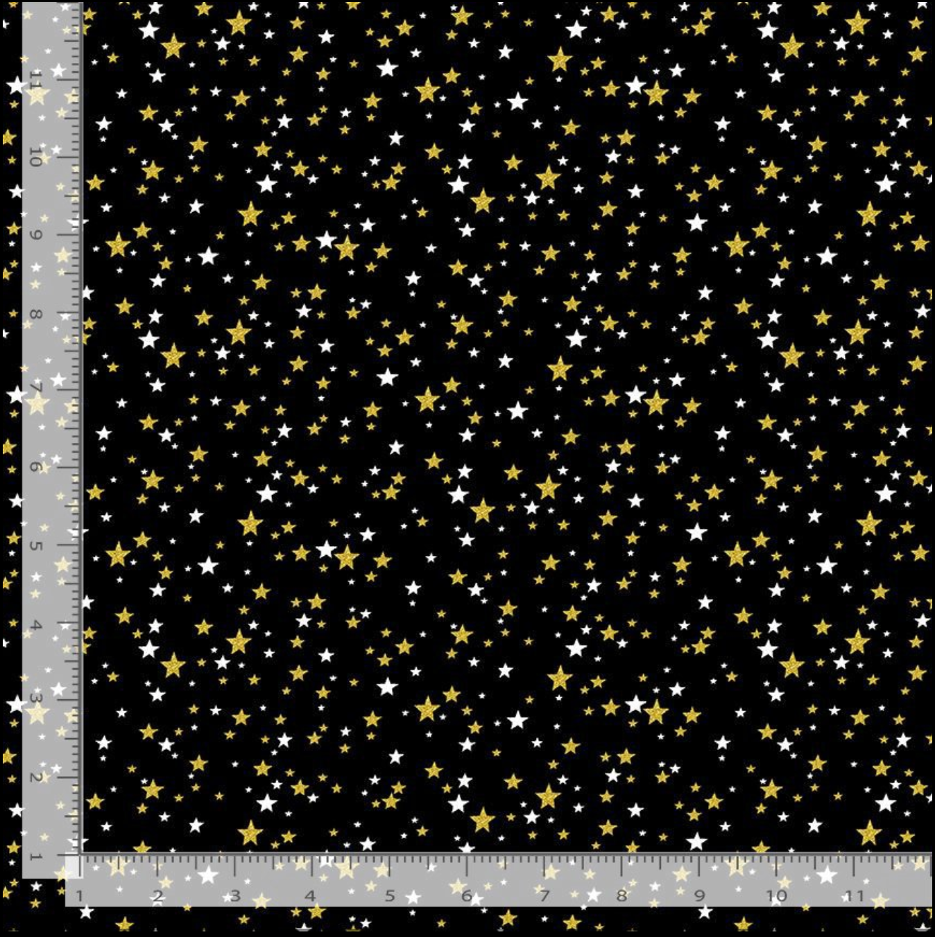 Merry Christmas Metallic Stars Black fabric by Timeless Treasures – black cotton with metallic gold stars.