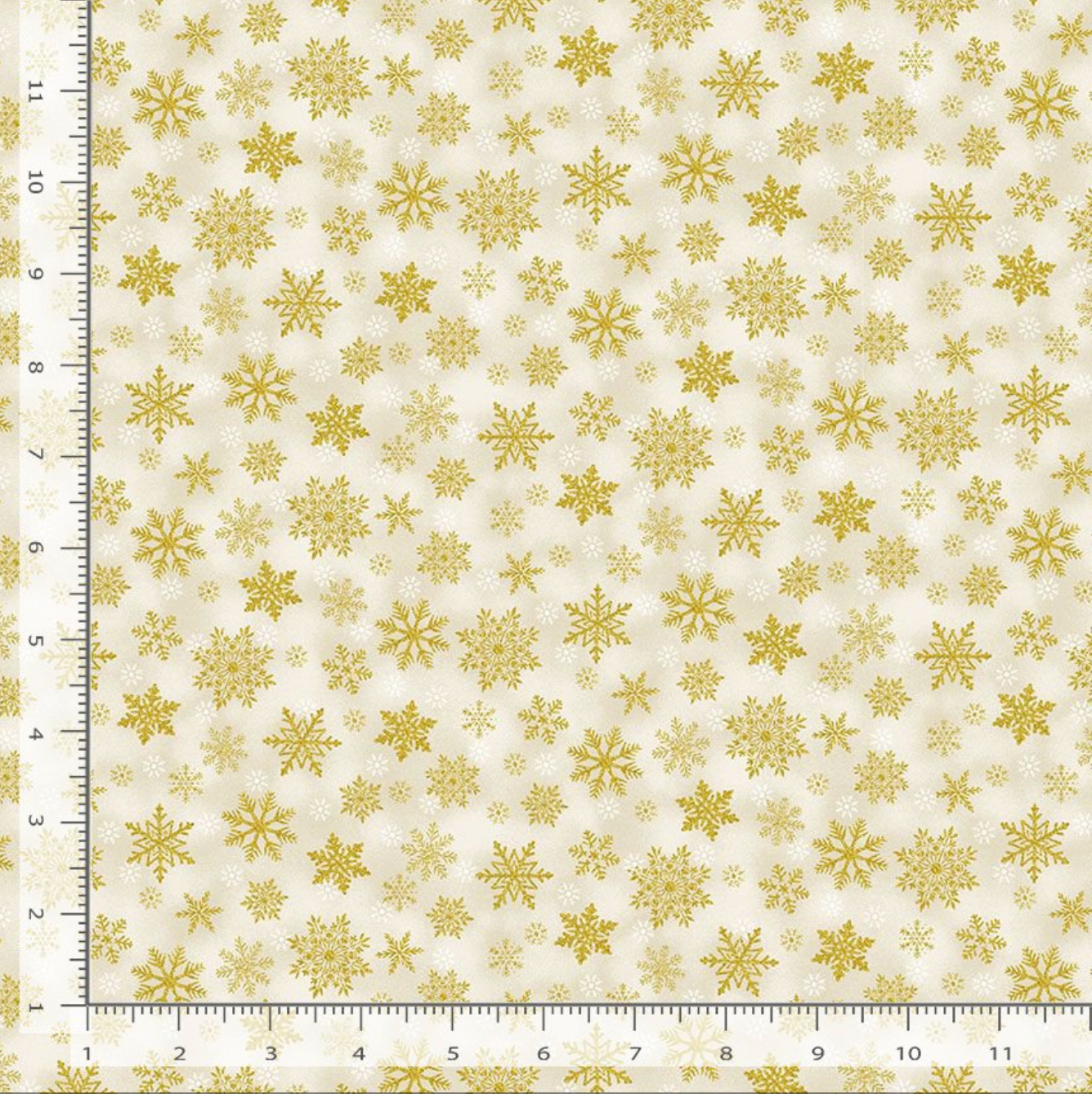 Merry Christmas Metallic Snowflakes Cream fabric by Timeless Treasures – cream cotton with gold metallic snowflakes.
