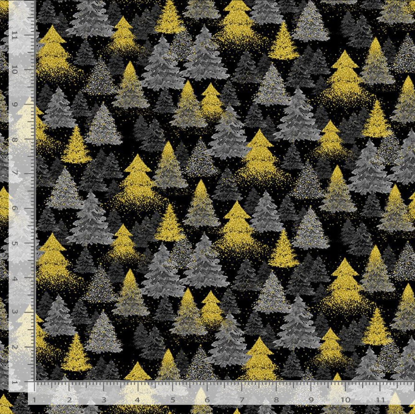 Merry Christmas Metallic Christmas Tree Black fabric by Timeless Treasures – gold Christmas trees on black cotton.