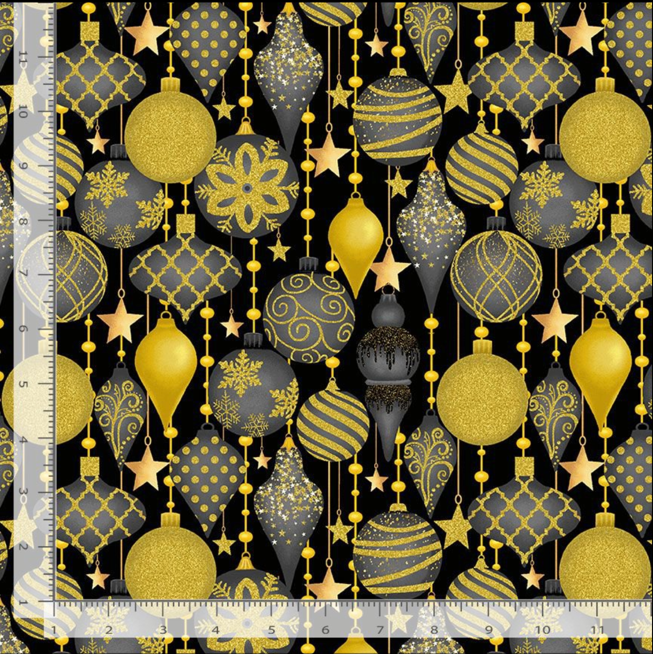 Merry Christmas Metallic Christmas Ornaments fabric by Timeless Treasures – colorful ornaments with metallic accents.