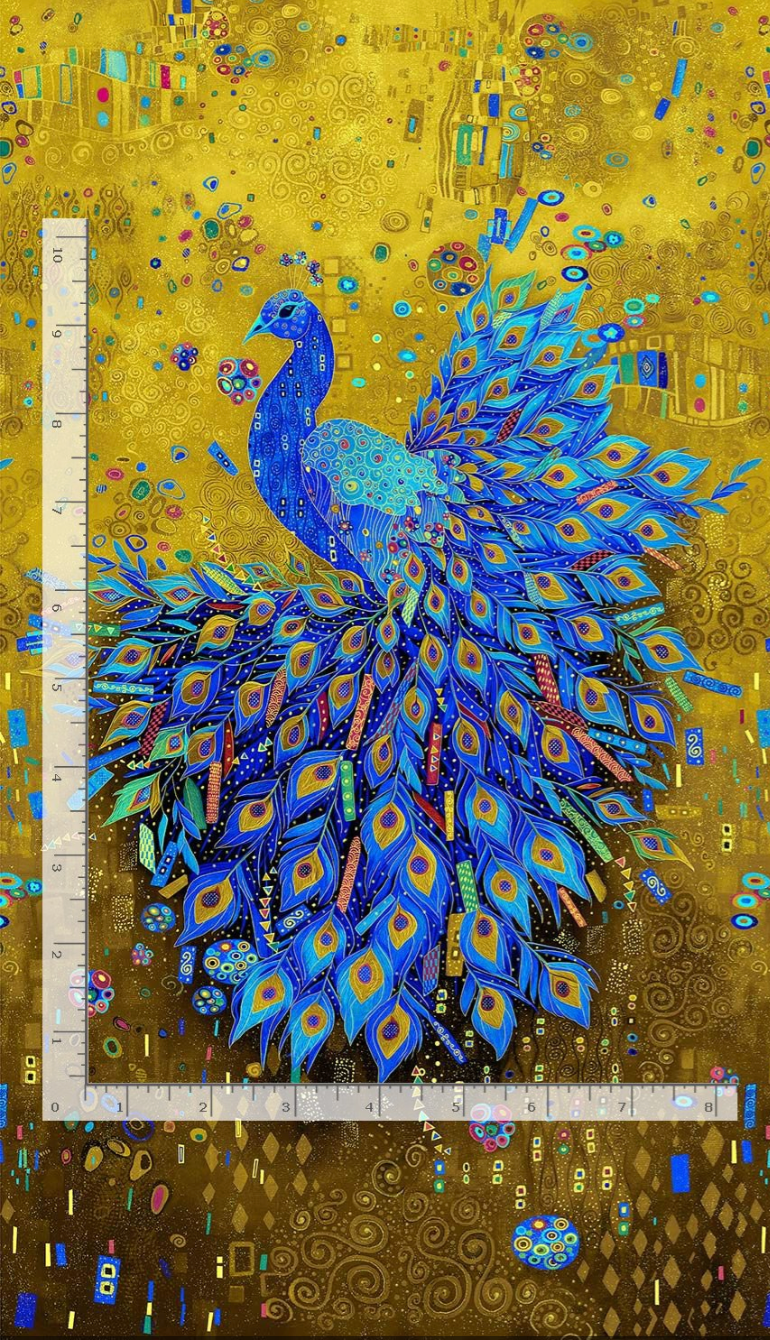 Gilded Plume Metallic Panel by Chong-A Hwang for Timeless Treasures – peacock feather panel with gold metallic accents.