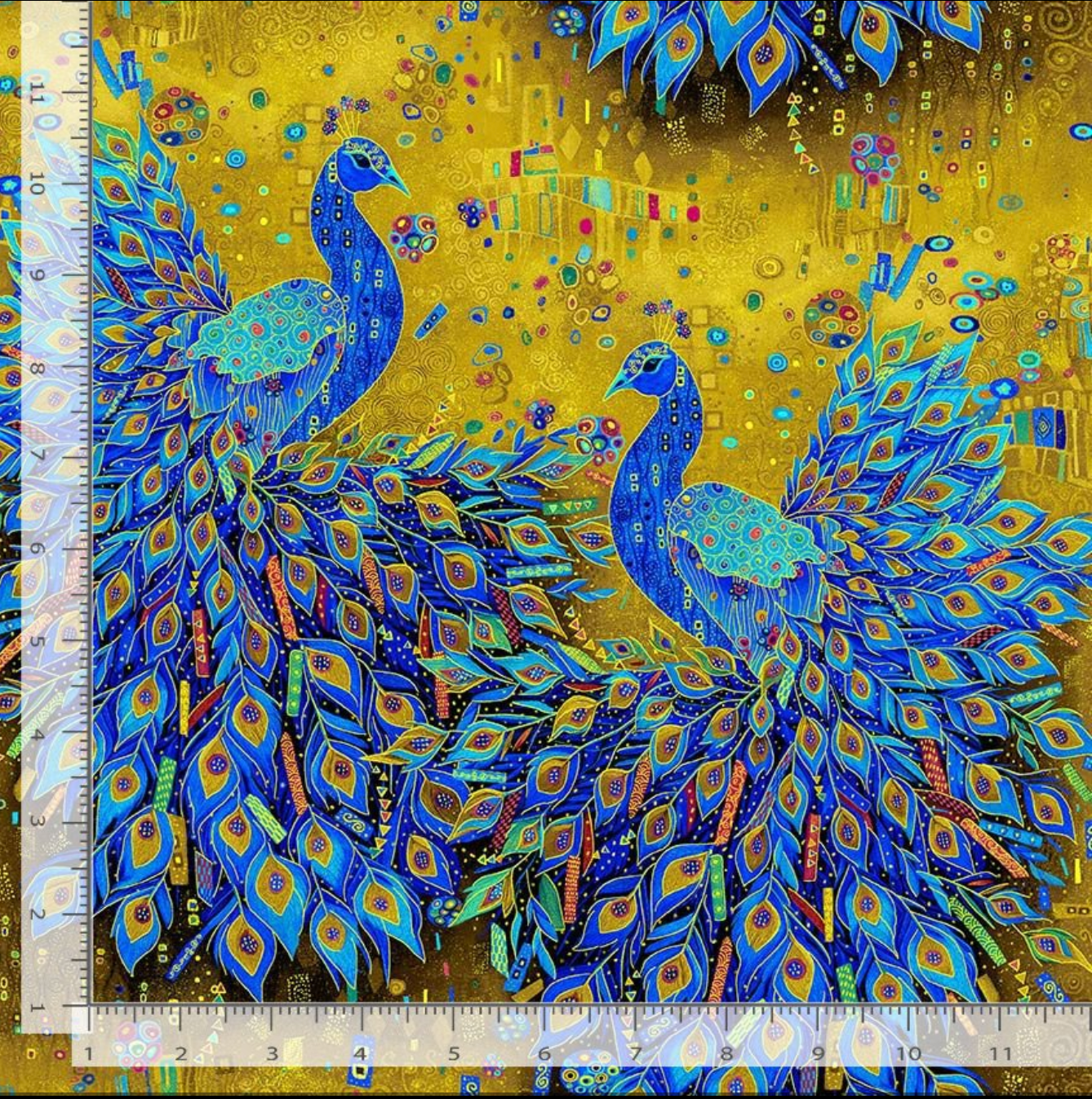 Gilded Plume Royal Peacocks Metallic fabric by Chong-A Hwang for Timeless Treasures – regal peacocks with gold accents.