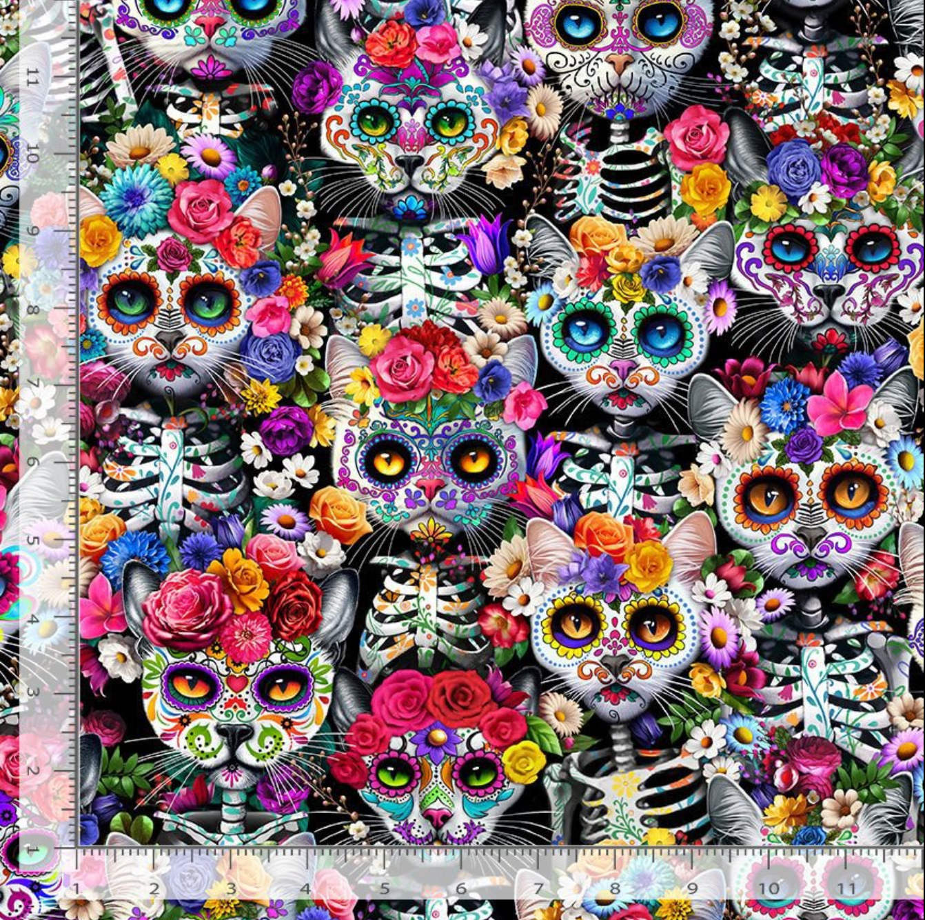 Day of the Dead Packed Skeleton Floral Cats Fabric by Timeless Treasures, 100% cotton featuring colorful skeleton cats and florals, ideal for quilting and crafts.