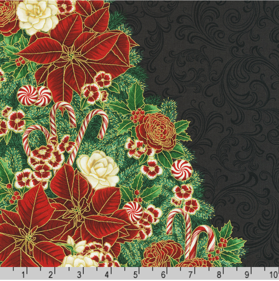 Holiday Flourish Peppermint Twist Christmas Tree Black Metallic Fabric Panel by Studio RK for Robert Kaufman – festive cotton panel for quilts and décor.