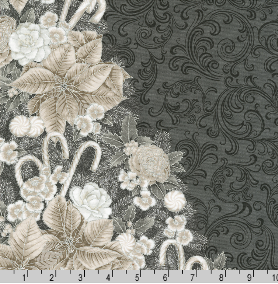 Holiday Flourish Peppermint Twist Christmas Tree Graphite Metallic Fabric Panel by Studio RK for Robert Kaufman – elegant cotton panel for quilts and décor.