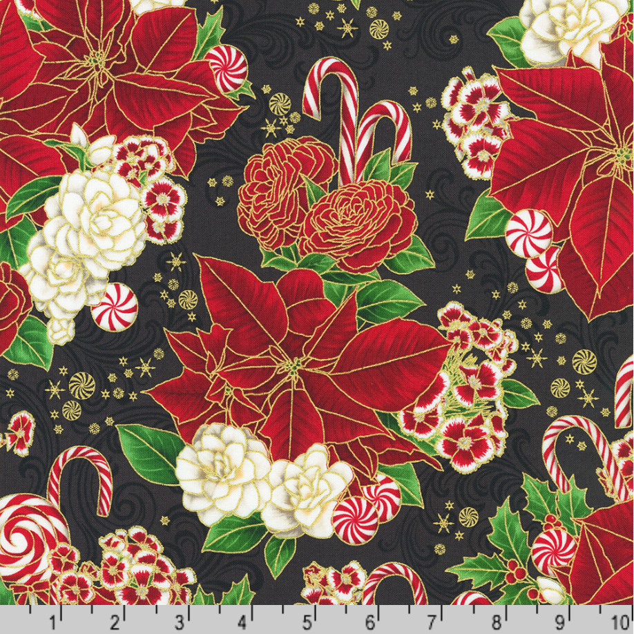 Holiday Flourish Peppermint Twist Poinsettias Black Metallic Fabric by Studio RK for Robert Kaufman – festive cotton fabric with gold accents.