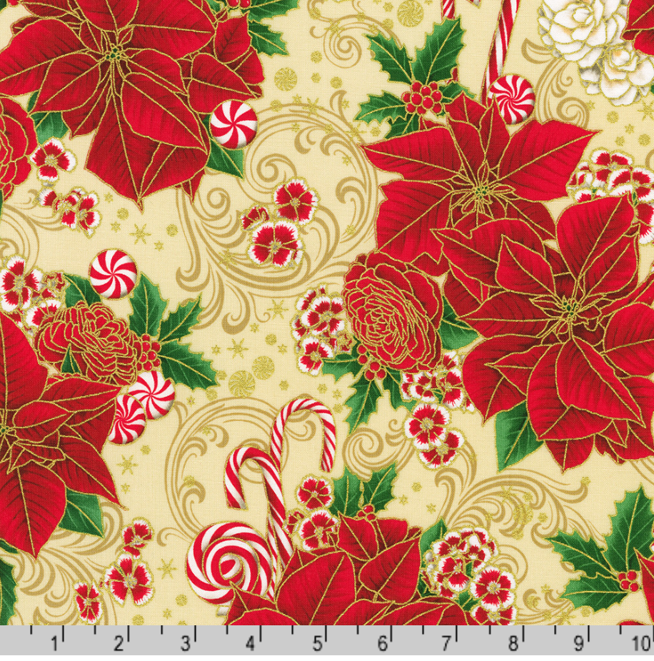 Holiday Flourish Peppermint Twist - Poinsettias Cream Metallic Yardage