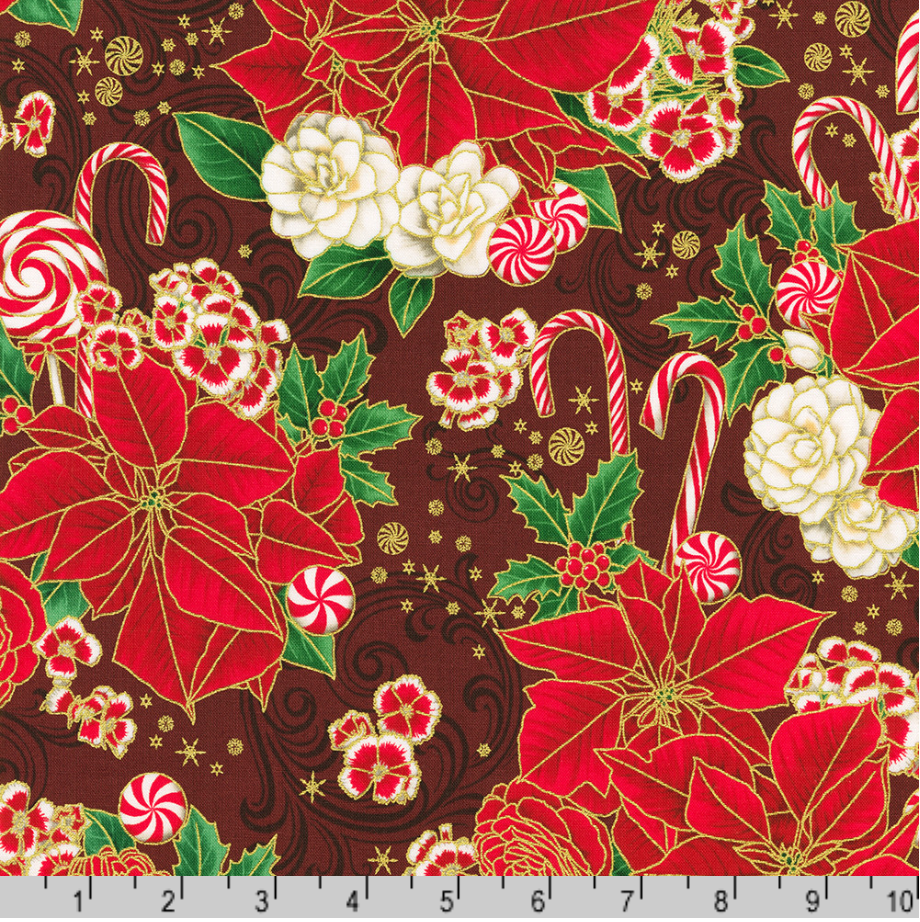 Holiday Flourish Peppermint Twist Poinsettias Cranberry Metallic Fabric by Studio RK for Robert Kaufman – Christmas cotton with gold accents.