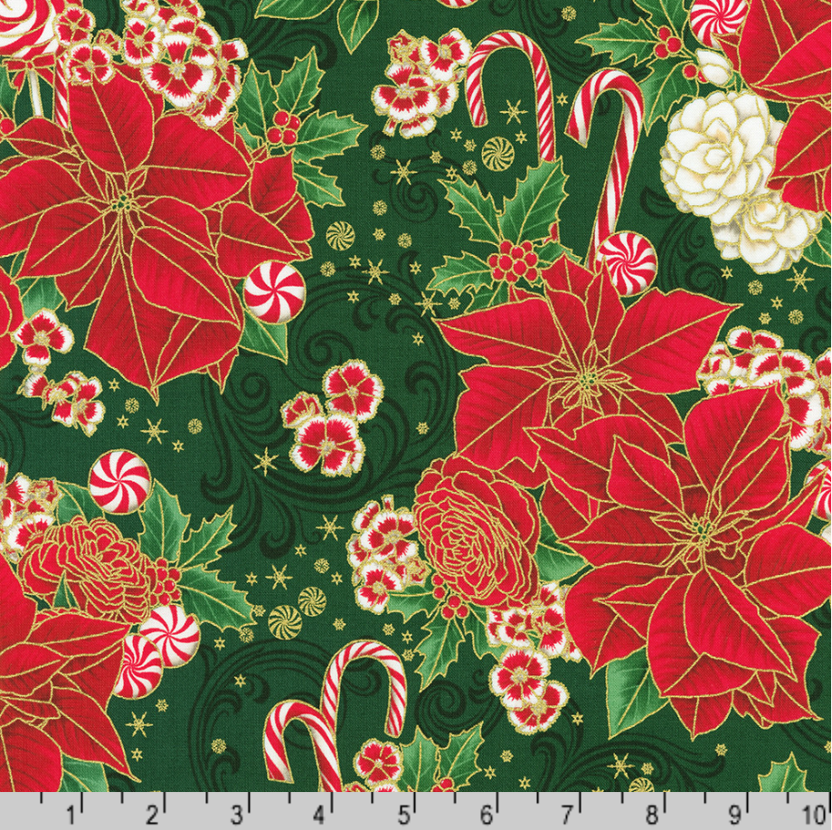 Holiday Flourish Peppermint Twist Poinsettias Pine Metallic Fabric by Studio RK for Robert Kaufman – Christmas cotton with gold accents.