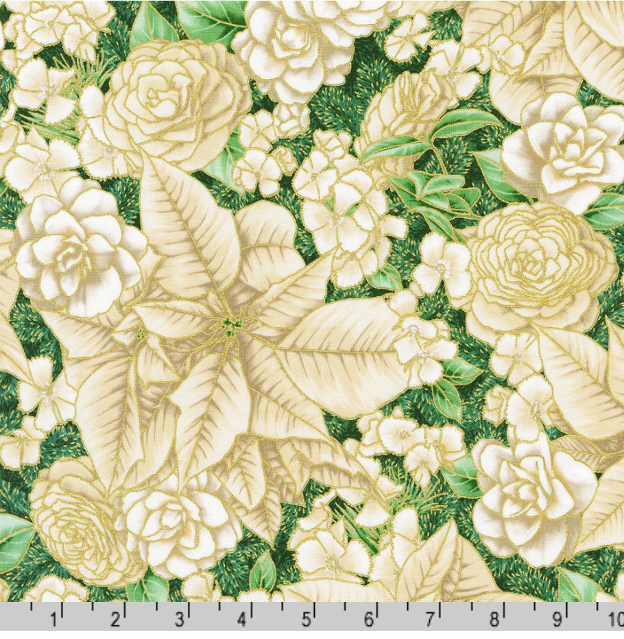 Holiday Flourish Peppermint Twist Flowers Cream Metallic Fabric by Robert Kaufman – metallic floral Christmas quilting cotton.