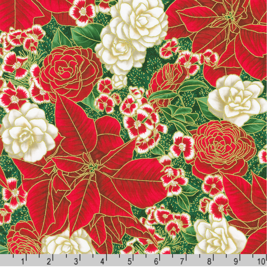 Holiday Flourish Peppermint Twist Flowers Pine Metallic Fabric by Robert Kaufman – metallic floral Christmas quilting cotton.