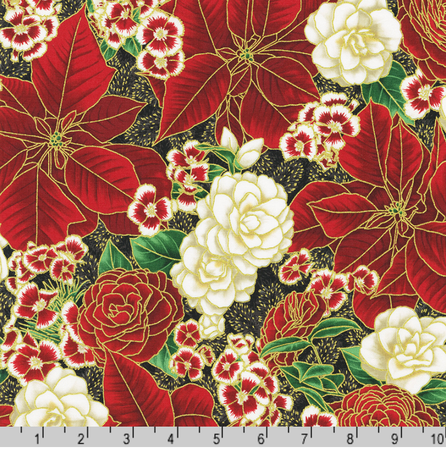 Holiday Flourish Peppermint Twist Flowers Black Metallic quilting fabric by Studio RK for Robert Kaufman