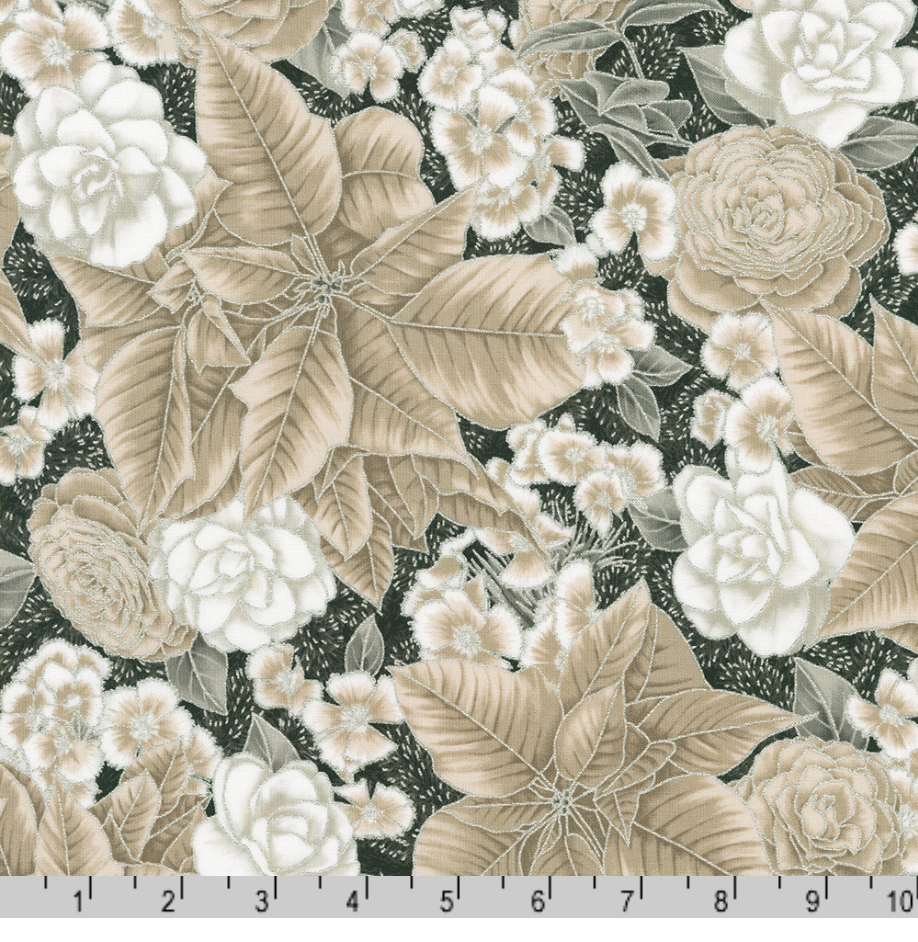 Holiday Flourish Peppermint Twist Flowers Shadow Metallic Fabric by Robert Kaufman – silver metallic floral Christmas quilting cotton.