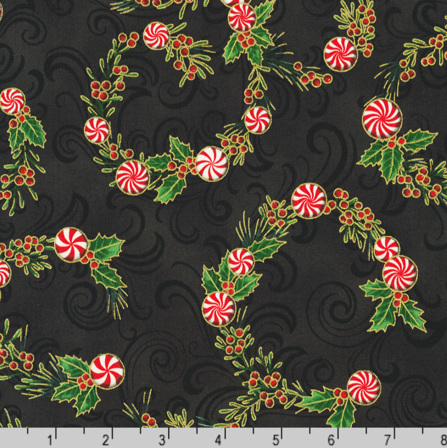 Holiday Flourish Peppermint Twist Peppermint Candies Black Metallic Fabric by Robert Kaufman – Christmas metallic quilting cotton.