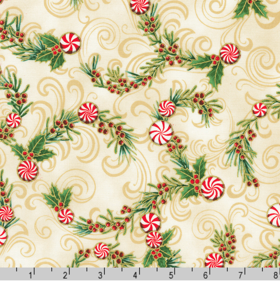 Holiday Flourish Peppermint Twist Peppermint Candies Vanilla Metallic Fabric by Robert Kaufman – festive metallic quilting cotton.