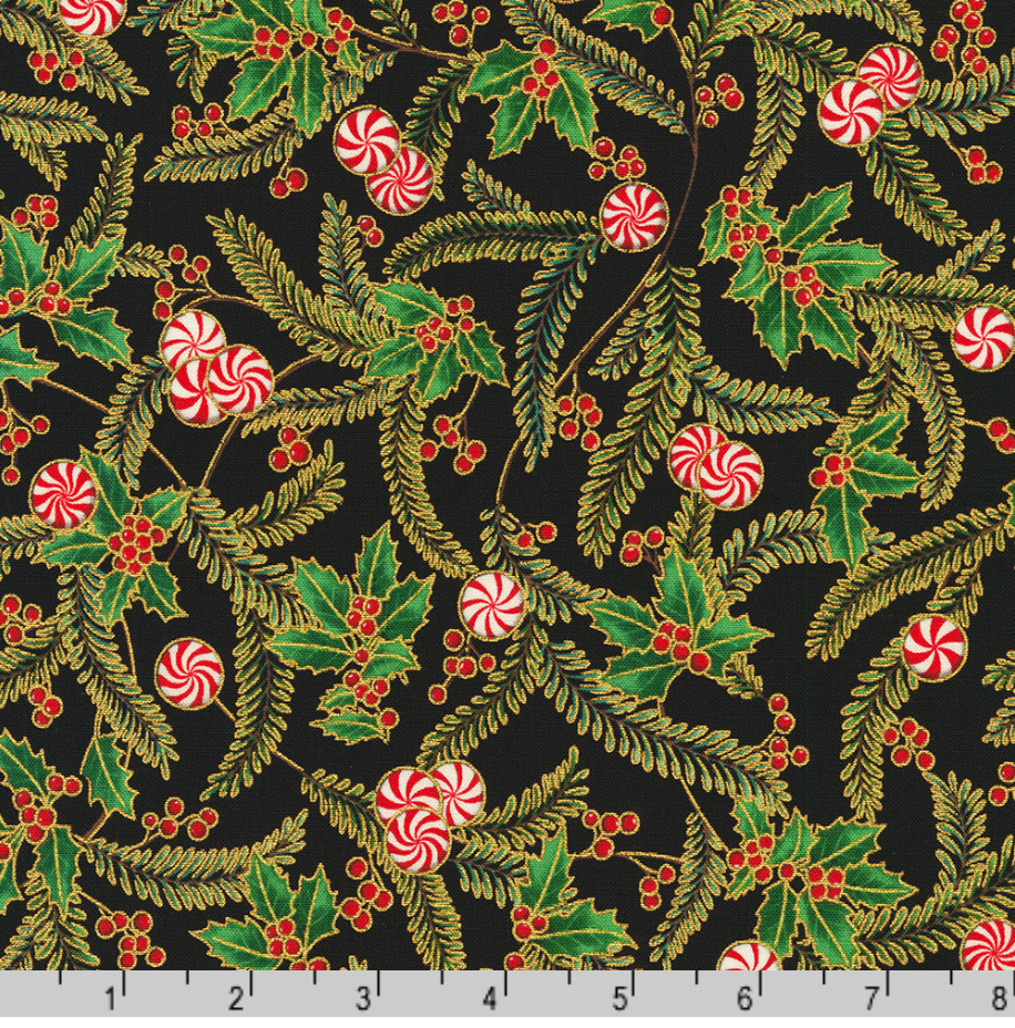 Black quilting cotton with metallic sprigs – Holiday Flourish Peppermint Twist by Robert Kaufman