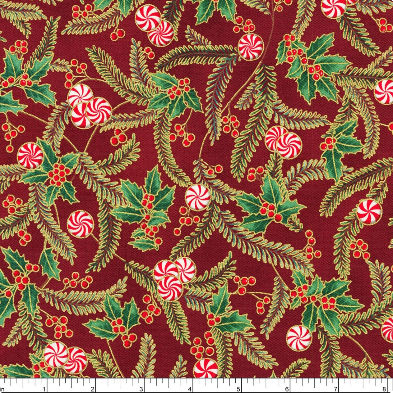 Holiday Flourish Peppermint Twist Sprigs Cranberry Metallic Fabric by Robert Kaufman – Studio RK design
