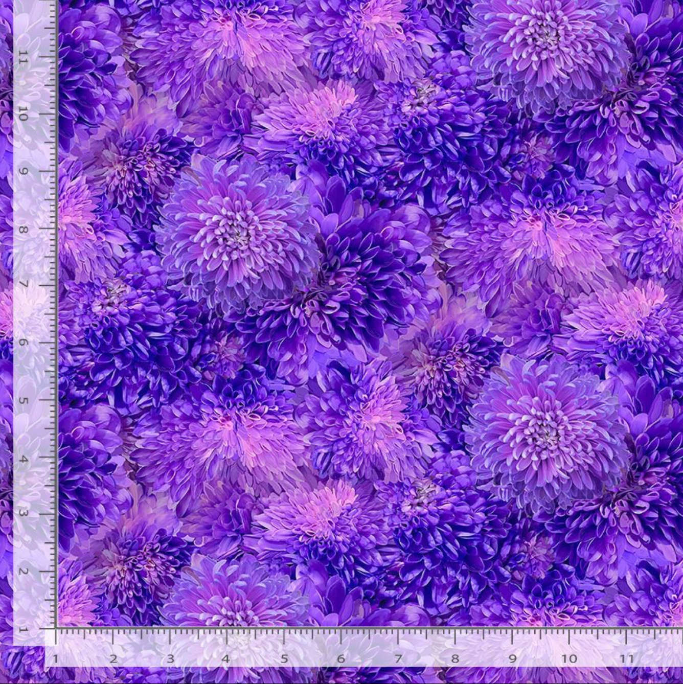Digital cotton fabric Garden Delight - Packed Flowers Purple by Timeless Treasures featuring dense clusters of lifelike purple blossoms.