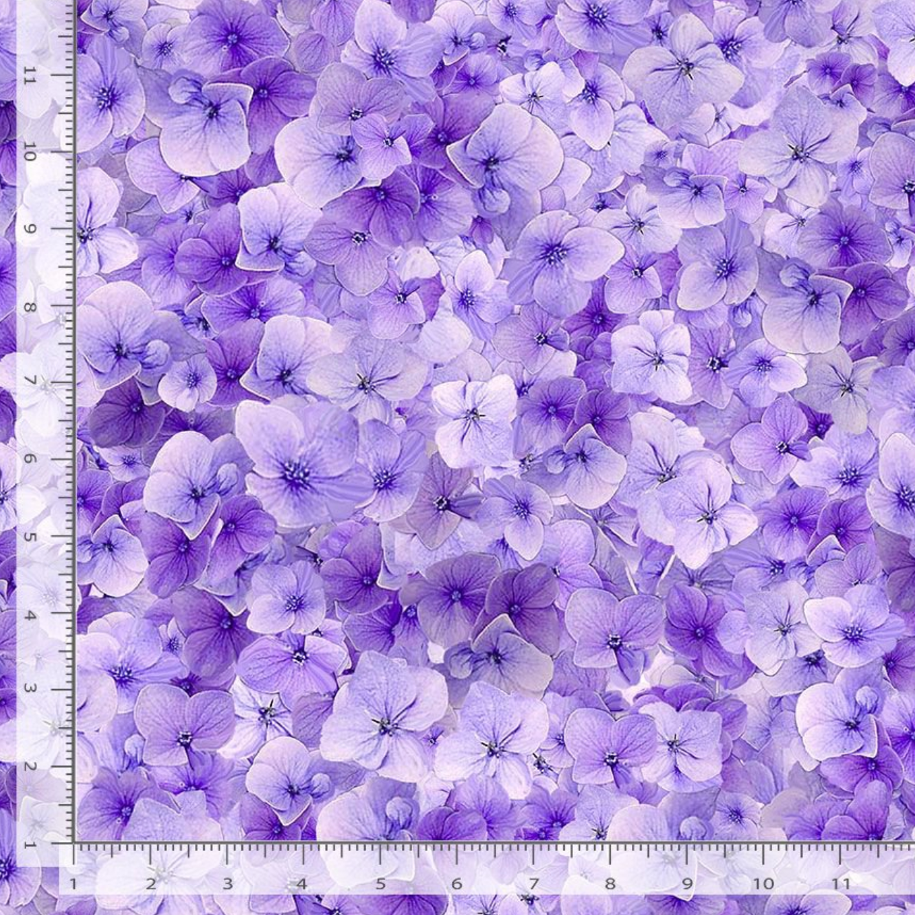 Digital cotton fabric Garden Delight - Viola Floral Lilac by Timeless Treasures featuring delicate packed lilac and violet viola blossoms.