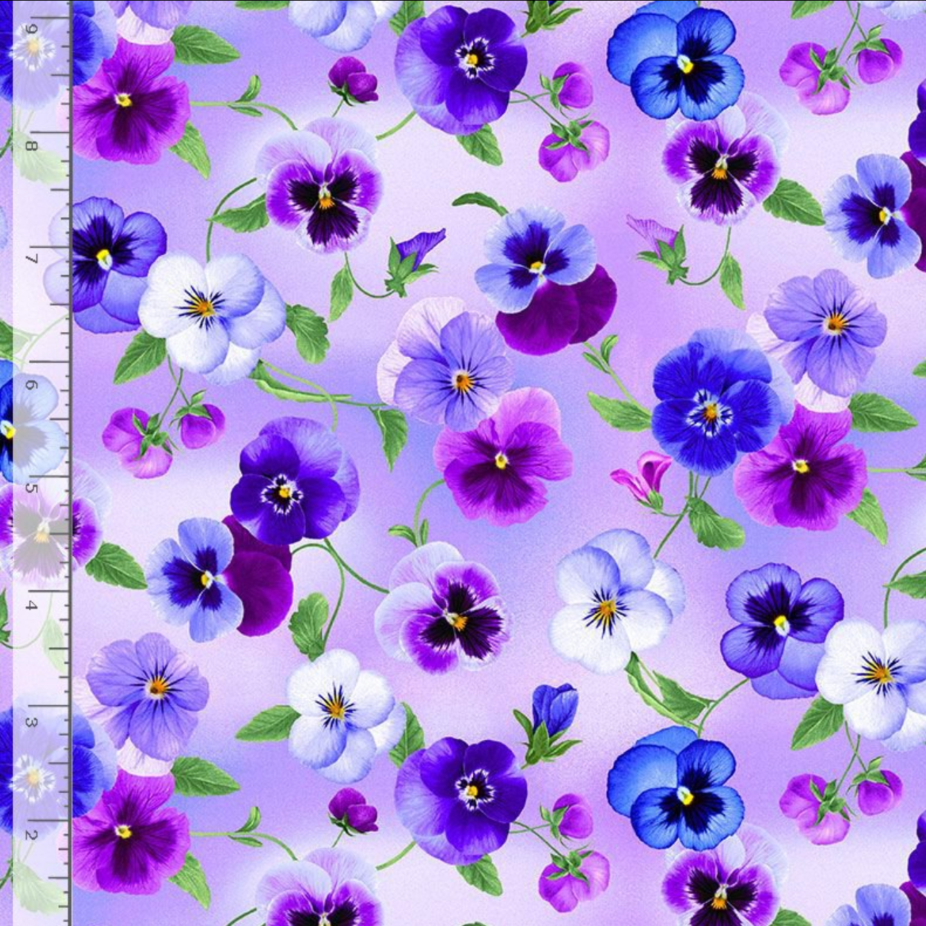 Digital cotton fabric Garden Delight - Pansy Bouquet Lilac by Timeless Treasures featuring purple, violet, blue, and white pansy blossoms on a lilac background.