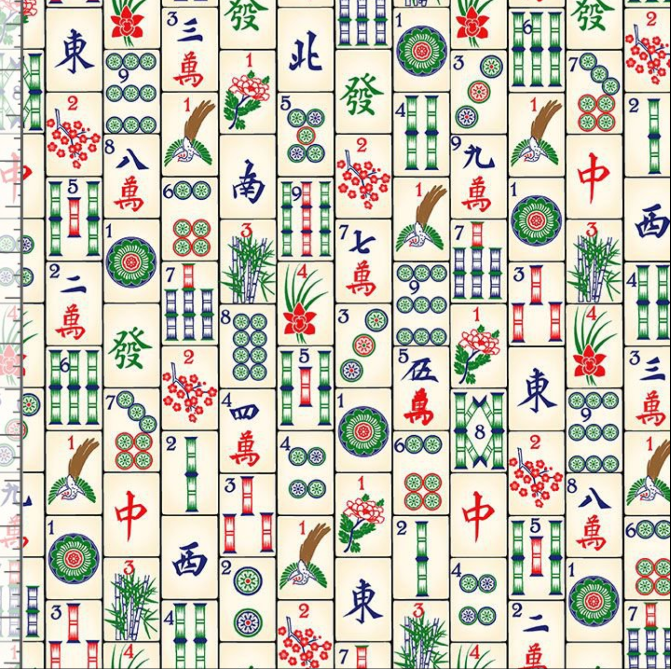 Digital cotton fabric Mahjong Tiles by Timeless Treasures featuring colorful mahjong tiles with Chinese characters, symbols, and floral accents on a cream background.
