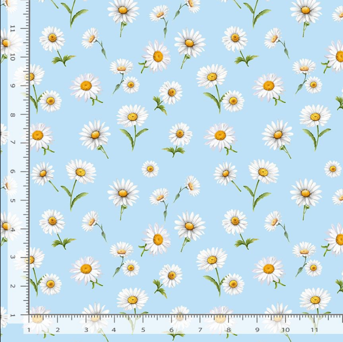 Digital cotton fabric Bee & Bee Kind - Spaced Daisies Sky by Timeless Treasures featuring scattered white daisies with yellow centers on a blue background.