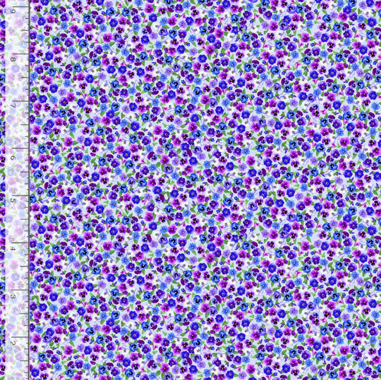 Pansy Perfection Tiny Pansy Floral Multi Fabric by Timeless Treasures – small scattered purple, violet, and blue pansies with green leaves on cotton fabric.