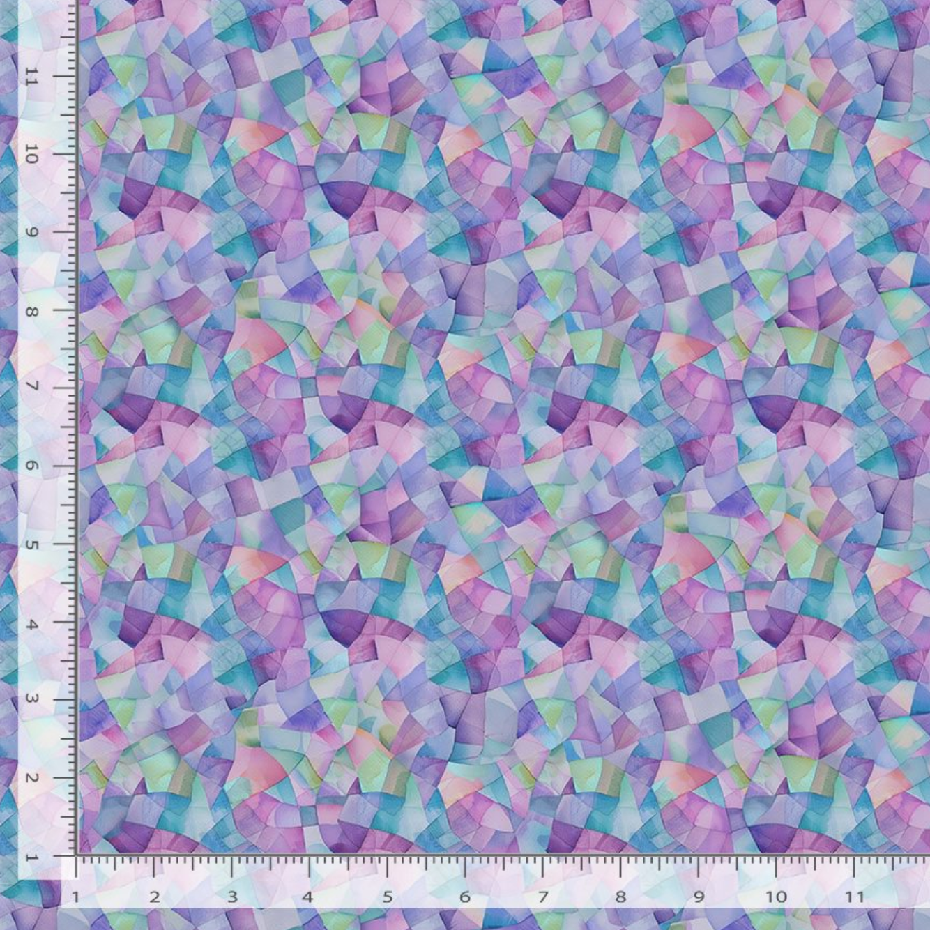 Digital cotton fabric Garden Delight - Geo Shapes by Timeless Treasures featuring pastel geometric mosaic shapes in purple, aqua, pink, and green.