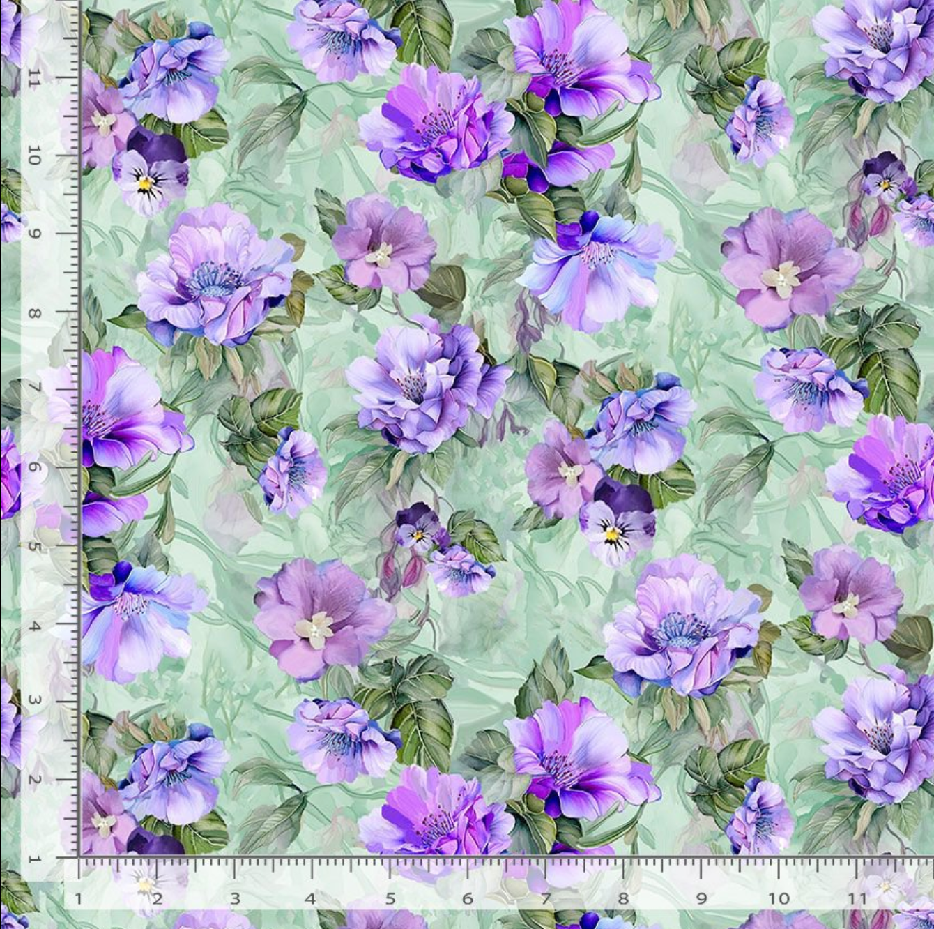 Digital cotton fabric Garden Delight - Floral Bouquet Sage by Timeless Treasures featuring purple and lavender floral bouquets with pansies on a sage green background.