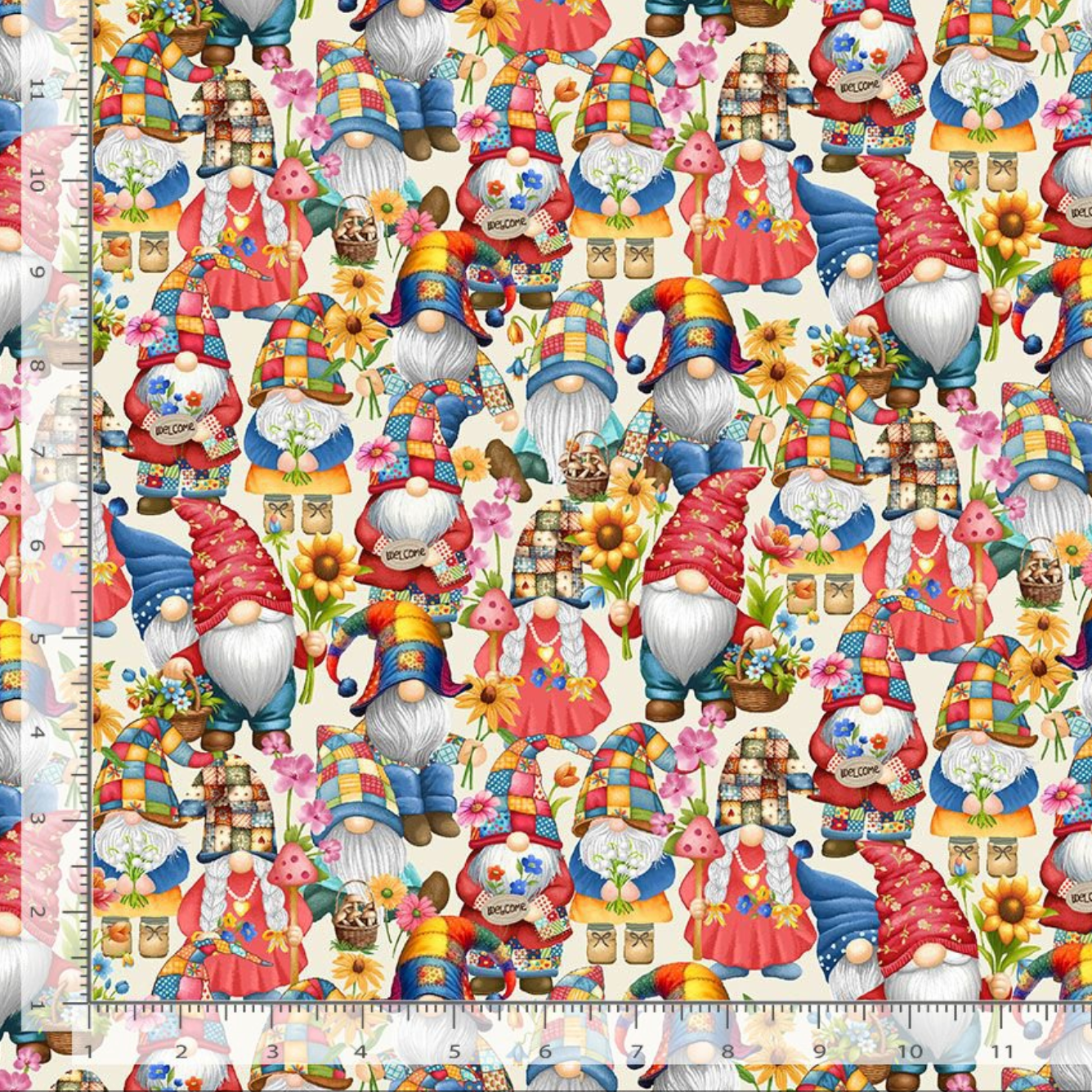 Packed Hippie Gnomes fabric by Timeless Treasures featuring rows of colorful gnomes in patchwork hats with flowers, mushrooms, and welcome signs.