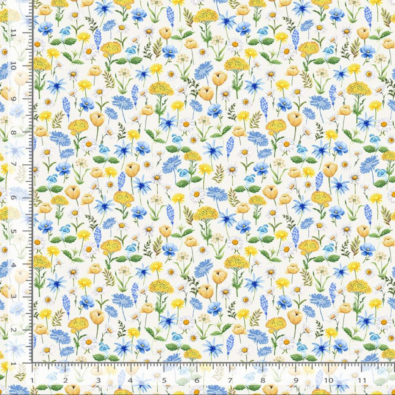 Digital cotton fabric Bee & Bee Kind - Mini Floral Cream by Timeless Treasures featuring small yellow, blue, and cream flowers with green stems on a cream background.