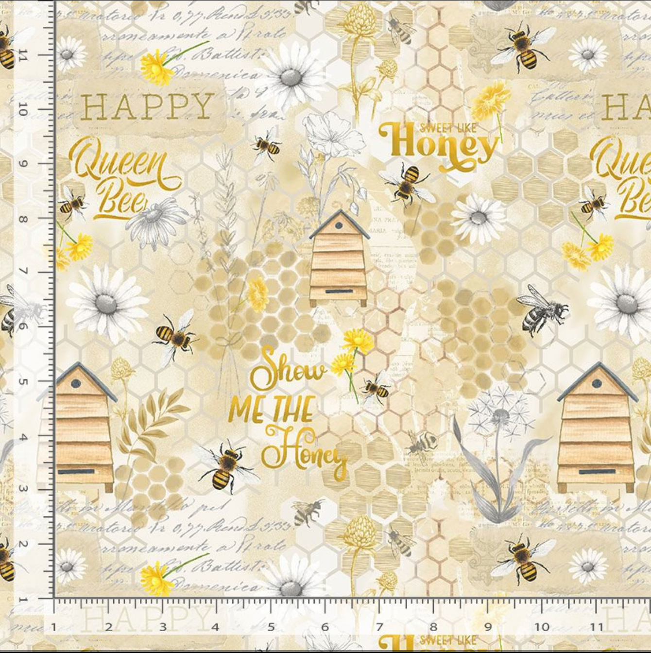 Digital cotton fabric Bee & Bee Kind - Honey Bee Collage Beige by Timeless Treasures featuring honeycombs, bees, daisies, bee hives, and playful text on a beige background.