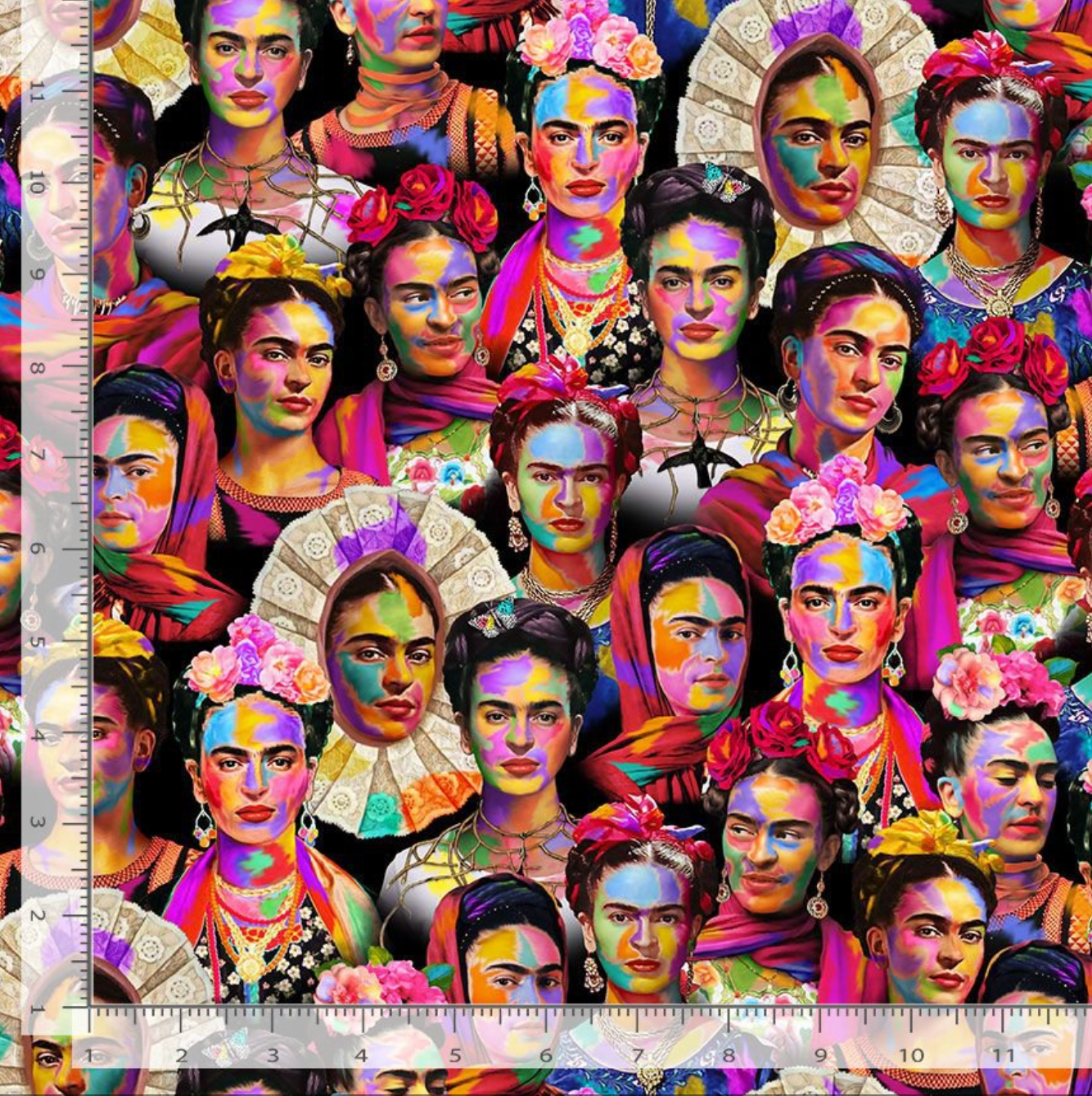 Digital cotton fabric Stroke of Genius - Packed Artist Faces by Timeless Treasures featuring vibrant portraits in rainbow hues on a black background.