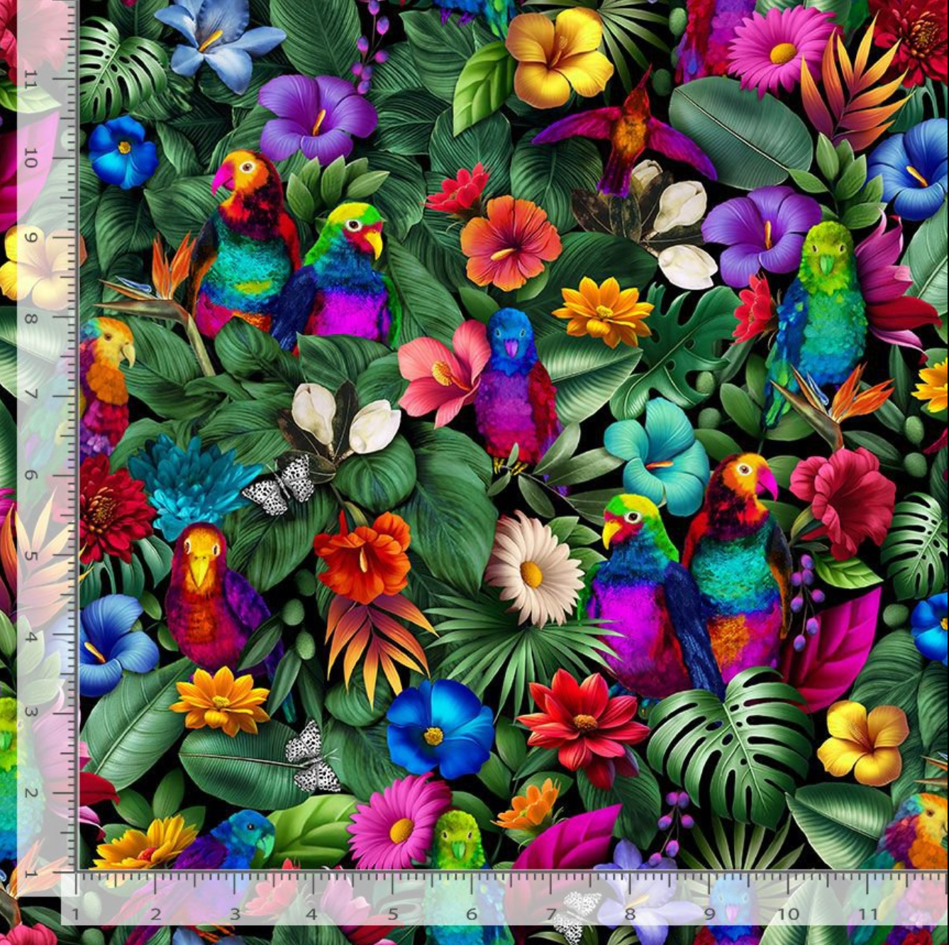 Digital cotton fabric Stroke of Genius - Tropical Floral & Birds by Timeless Treasures featuring colorful parrots, exotic flowers, and lush green leaves.