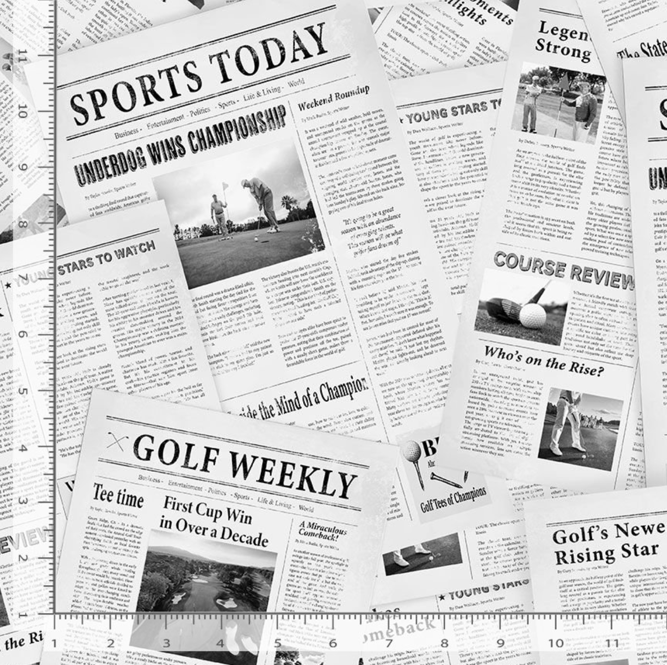 Digital cotton fabric Par For The Course - Golf Newspaper by Timeless Treasures featuring black-and-white golf-themed newspaper headlines and photos.