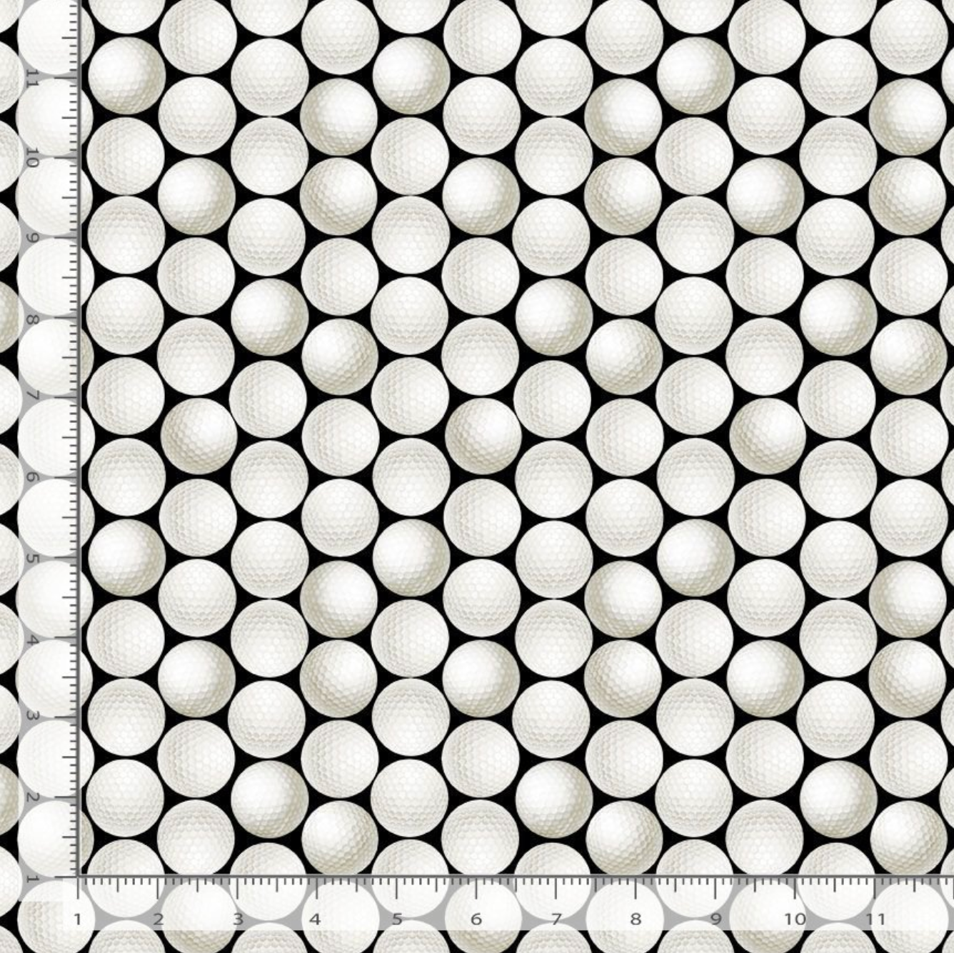 Digital cotton fabric Par For The Course - Golf Balls by Timeless Treasures featuring packed white golf balls on a black background.