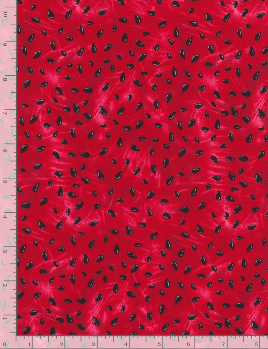Fresh Fruit - Watermelon Pits fabric by Timeless Treasures featuring red watermelon texture with black seeds.