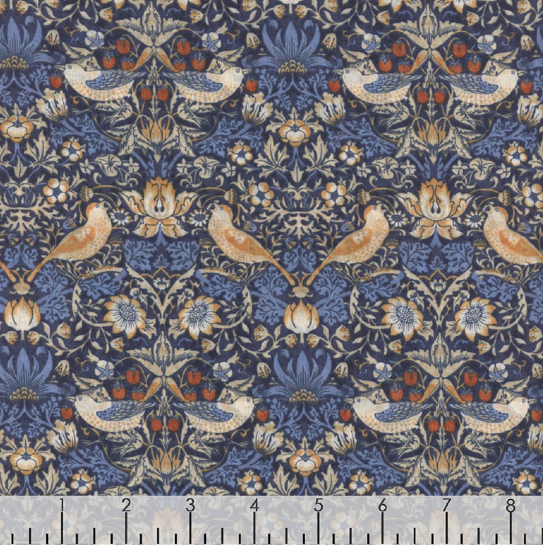 Mini Strawberry Thief Inky Bexleyheath cotton lawn fabric by The Original Morris & Co. featuring birds and flowers in blue and gold tones by Free Spirit Fabrics.