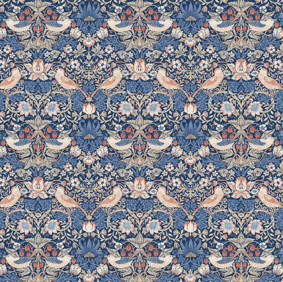 Mini Strawberry Thief Inky Bexleyheath cotton lawn fabric by The Original Morris & Co. featuring birds and flowers in blue and gold tones by Free Spirit Fabrics.