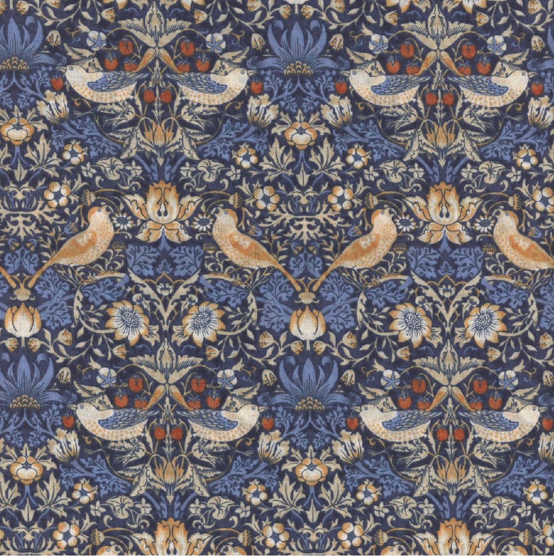 Mini Strawberry Thief Inky Bexleyheath cotton lawn fabric by The Original Morris & Co. featuring birds and flowers in blue and gold tones by Free Spirit Fabrics.