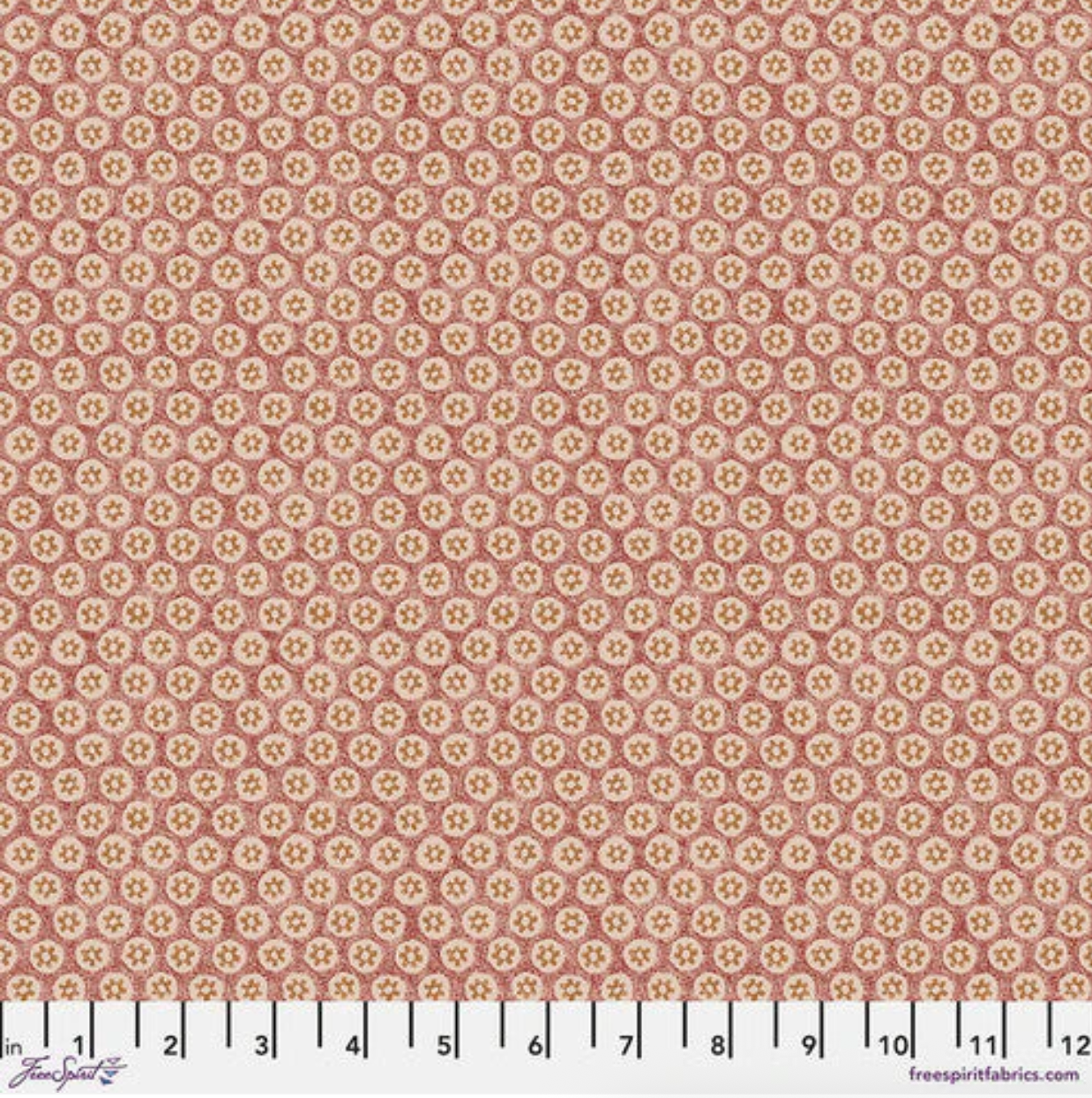 Honeycombe Berry Bexleyheath cotton lawn fabric by The Original Morris & Co. featuring geometric floral honeycomb pattern in berry and gold tones by Free Spirit Fabrics.