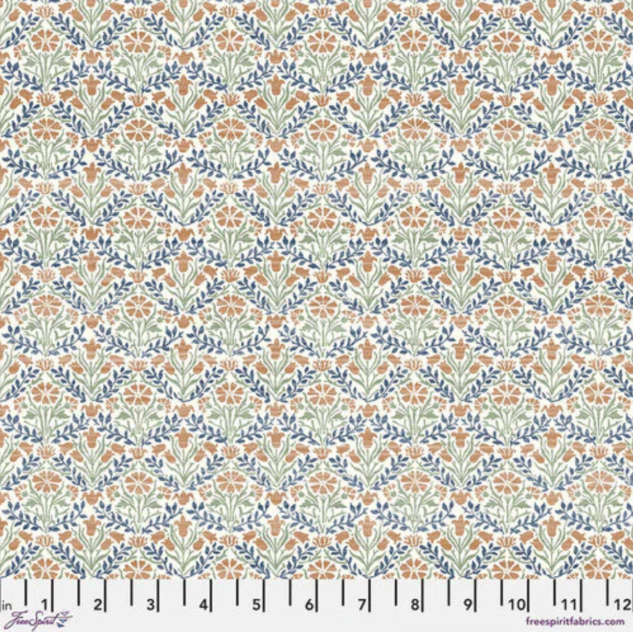 Bellflowers Multi Bexleyheath cotton lawn fabric by The Original Morris & Co. featuring floral rows in blue, green, and terra cotta tones by Free Spirit Fabrics.