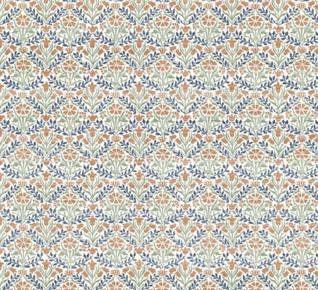 Bellflowers Multi Bexleyheath cotton lawn fabric by The Original Morris & Co. featuring floral rows in blue, green, and terra cotta tones by Free Spirit Fabrics.